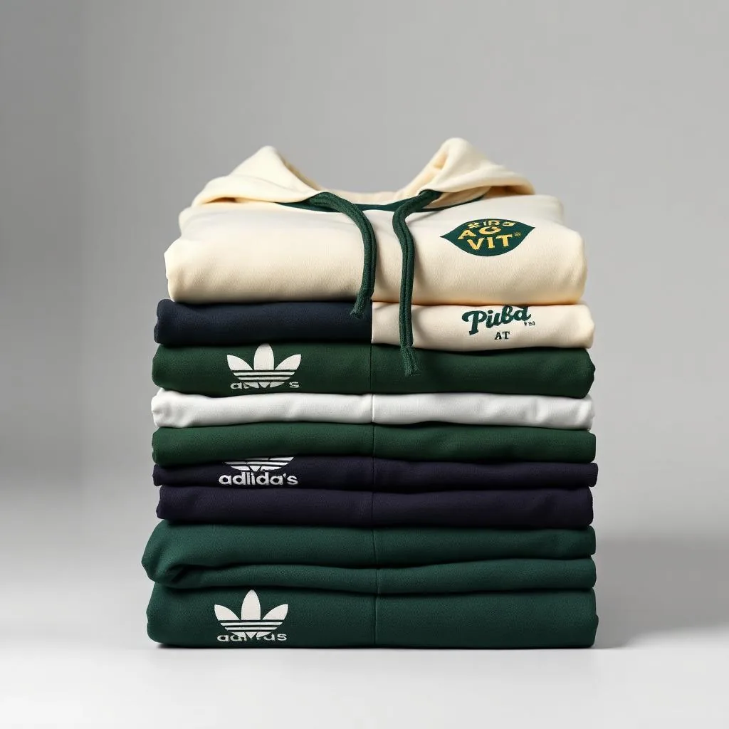 Folded stack of custom printed branded uniforms and t-shirts in Dubai